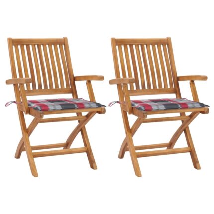 Chaises de jardin lot de 2 avec coussins à carreaux rouge Teck
