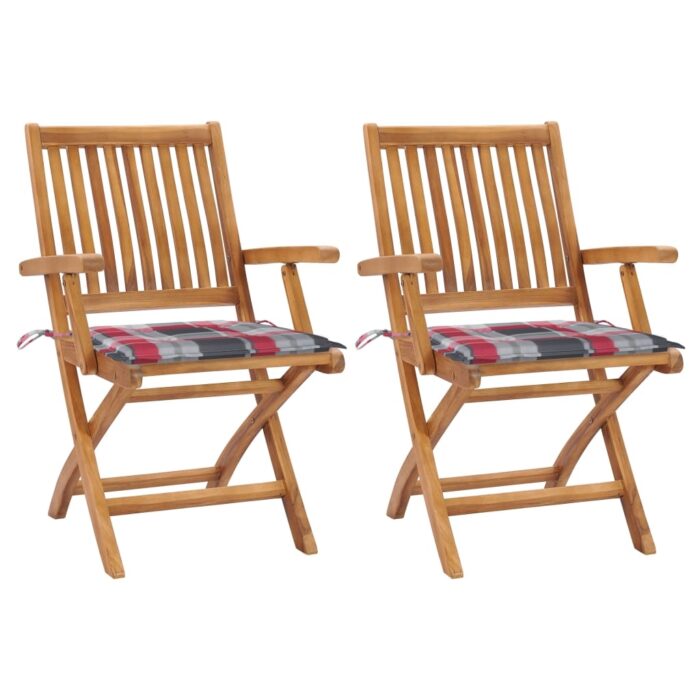 3062419_1.jpg Chaises de jardin lot de 2 avec coussins à carreaux rouge Teck – Image 1