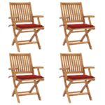 Chaises pliables de jardin avec coussins lot de 4 Teck solide