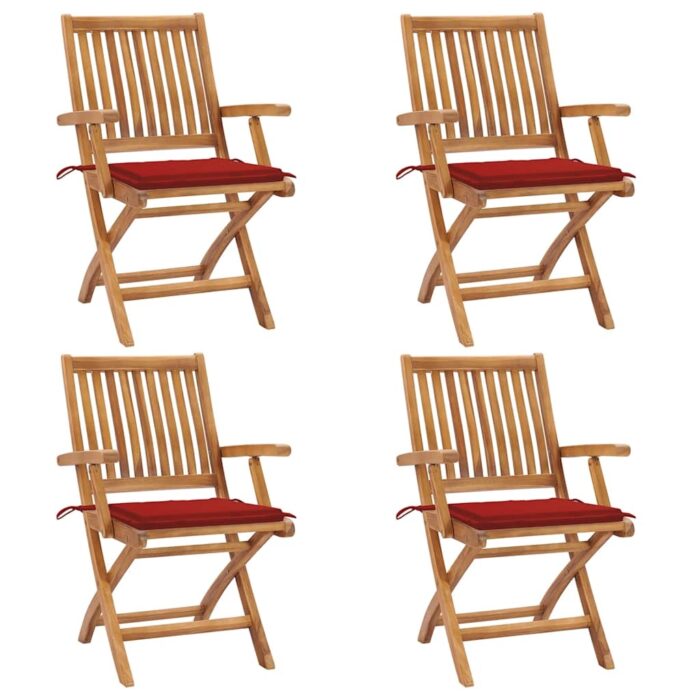 Chaises pliables de jardin avec coussins lot de 4 Teck solide – Image 1