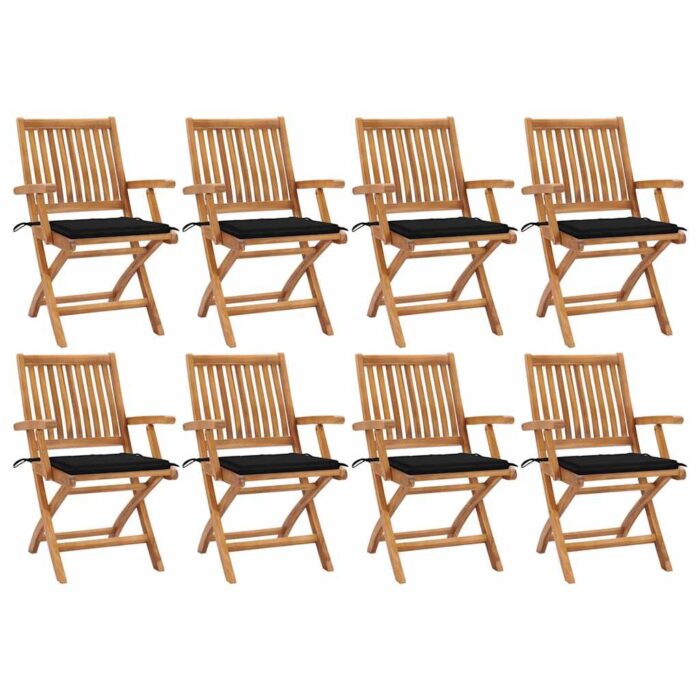 Chaises pliables de jardin avec coussins lot de 8 Teck solide – Image 1
