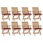 Chaises pliables de jardin avec coussins lot de 8 Teck solide