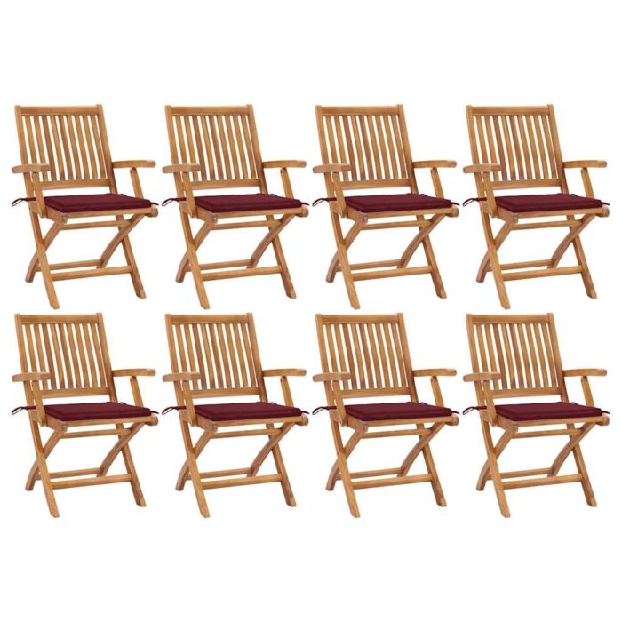 Chaises pliables de jardin avec coussins lot de 8 Teck solide – Image 1