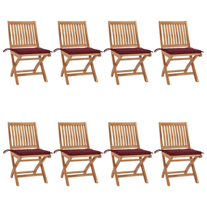Chaises pliables de jardin avec coussins lot de 8 Teck solide – Image 1