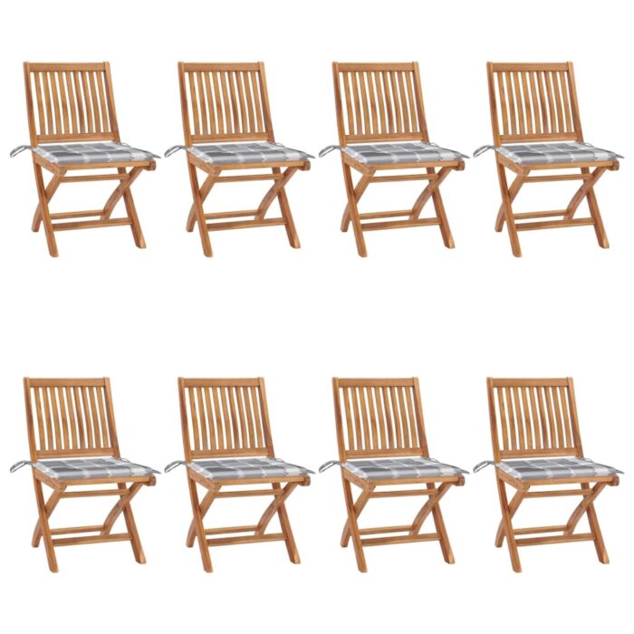 Chaises pliables de jardin avec coussins lot de 8 Teck solide – Image 1