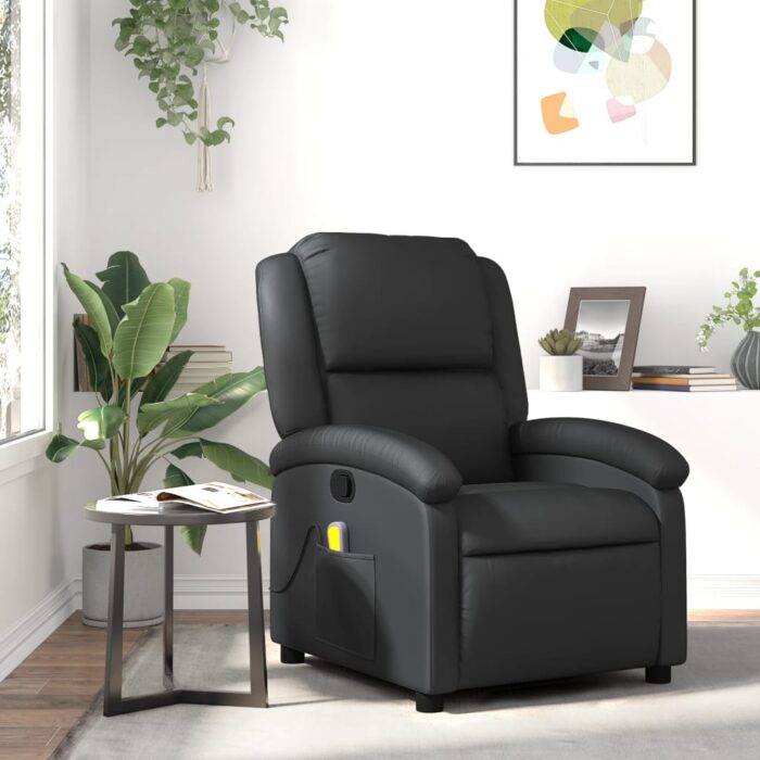 Fauteuil de massage inclinable noir cuir véritable – Image 1