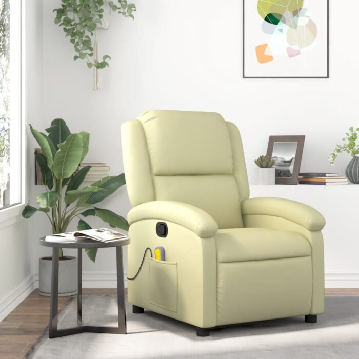 Fauteuil de massage inclinable crème cuir véritable – Image 1