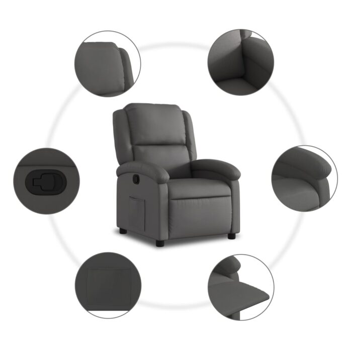 Fauteuil inclinable gris cuir véritable – Image 3