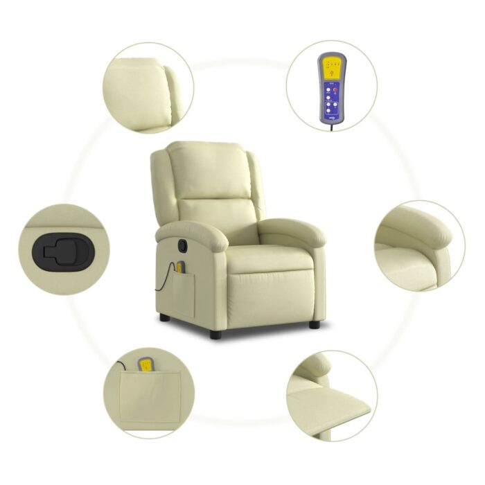 Fauteuil de massage inclinable crème cuir véritable – Image 4