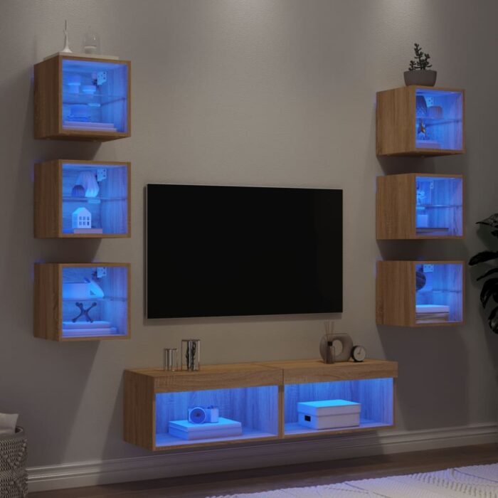 Unités murales TV avec LED 8 pcs chêne sonoma bois d'ingénierie – Image 1