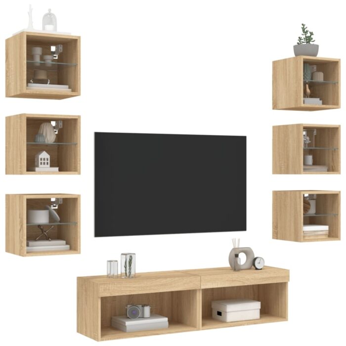 Unités murales TV avec LED 8 pcs chêne sonoma bois d'ingénierie – Image 2