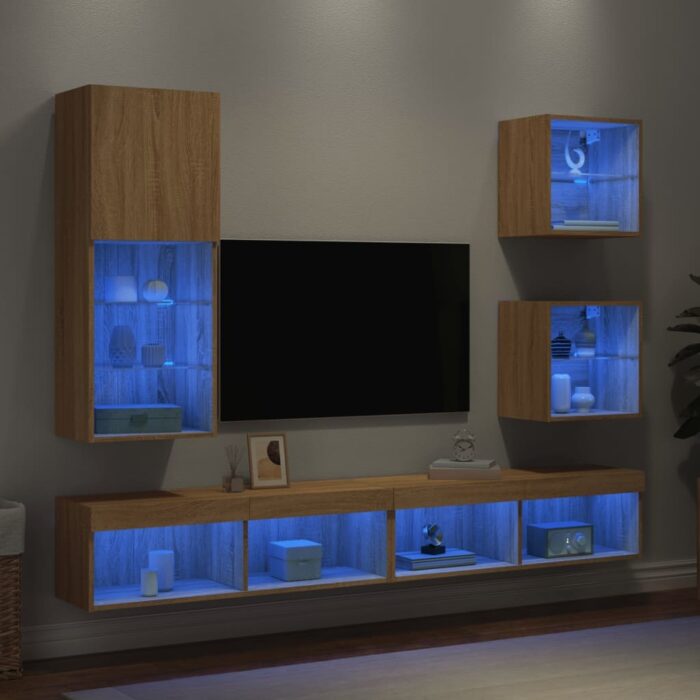 3216677_1.jpg Unités murales TV avec LED 5 pcs chêne sonoma bois d'ingénierie – Image 1