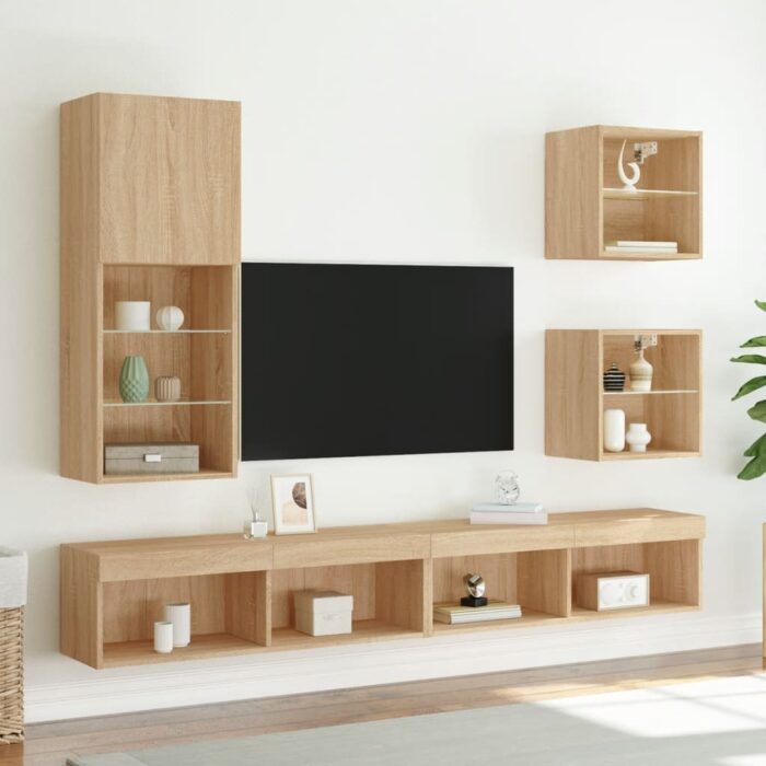 Unités murales TV avec LED 5 pcs chêne sonoma bois d'ingénierie – Image 2