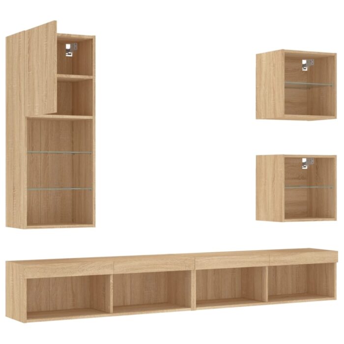 Unités murales TV avec LED 5 pcs chêne sonoma bois d'ingénierie – Image 4