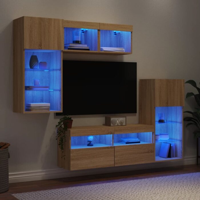 3216727_1.jpg Unités murales TV avec LED 5 pcs chêne sonoma bois d'ingénierie – Image 1