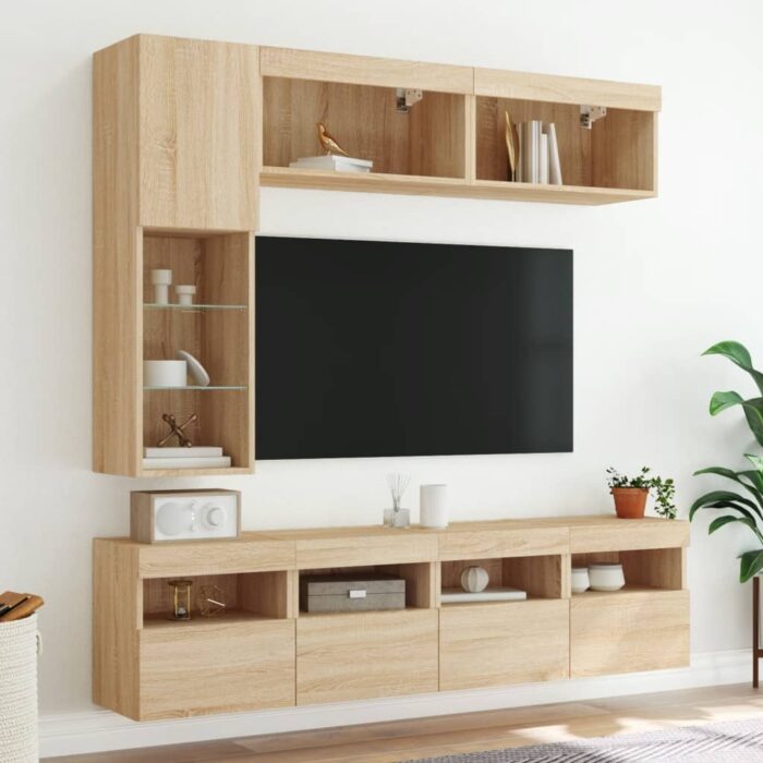 Ensemble de meubles TV muraux 7pcs et lumières LED chêne sonoma – Image 2