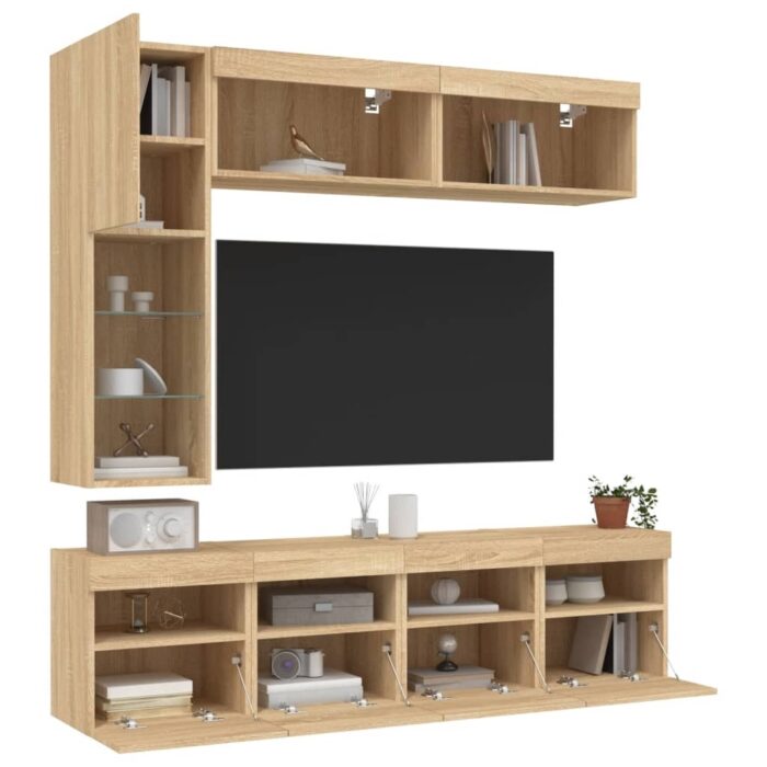 Ensemble de meubles TV muraux 7pcs et lumières LED chêne sonoma – Image 3