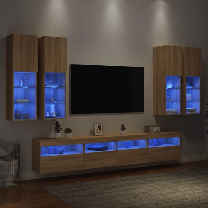 3216773_1.jpg Ensemble de meubles TV muraux 7pcs et lumières LED chêne sonoma – Image 1