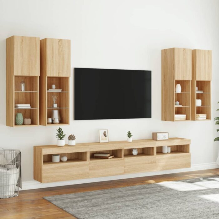Ensemble de meubles TV muraux 7pcs et lumières LED chêne sonoma – Image 2