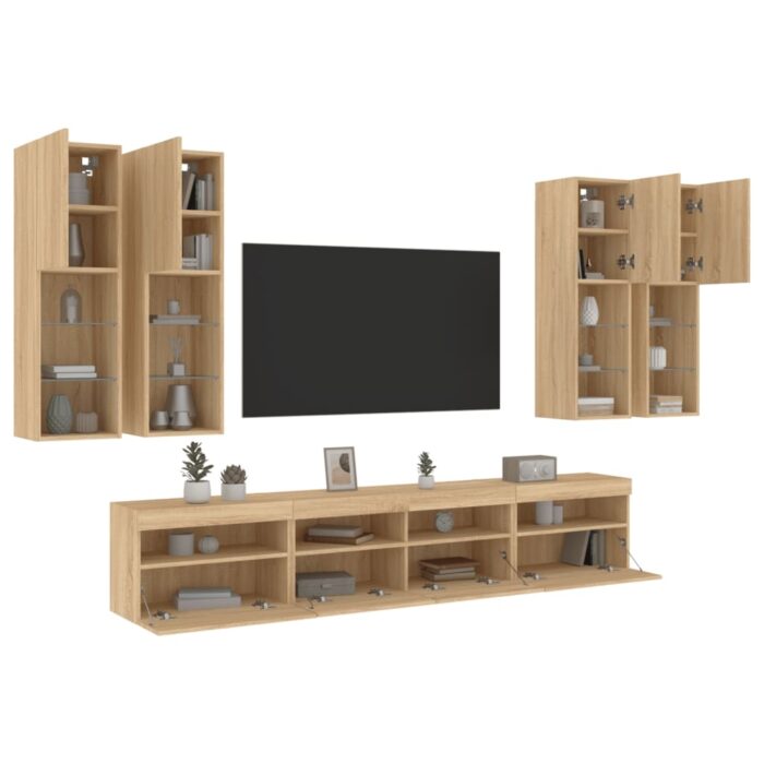 Ensemble de meubles TV muraux 7pcs et lumières LED chêne sonoma – Image 3