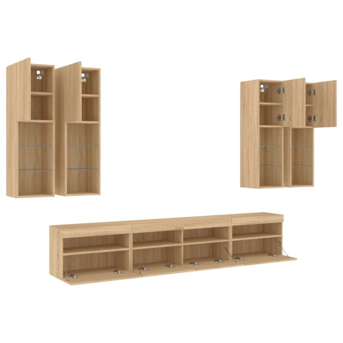 Ensemble de meubles TV muraux 7pcs et lumières LED chêne sonoma – Image 4
