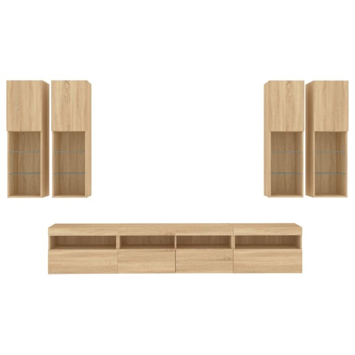 Ensemble de meubles TV muraux 7pcs et lumières LED chêne sonoma – Image 5