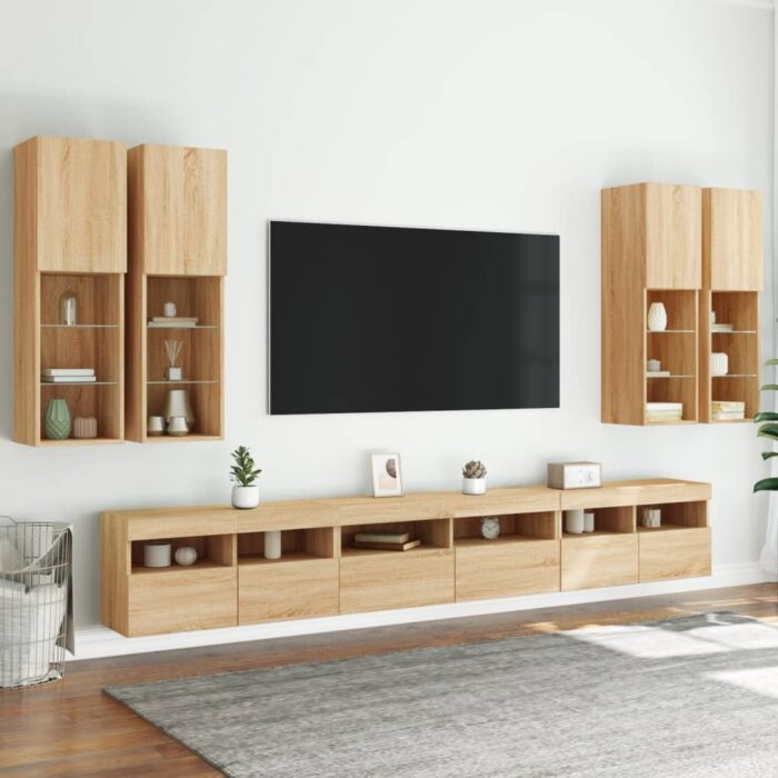 Ensemble de meubles TV muraux 7pcs et lumières LED chêne sonoma – Image 3