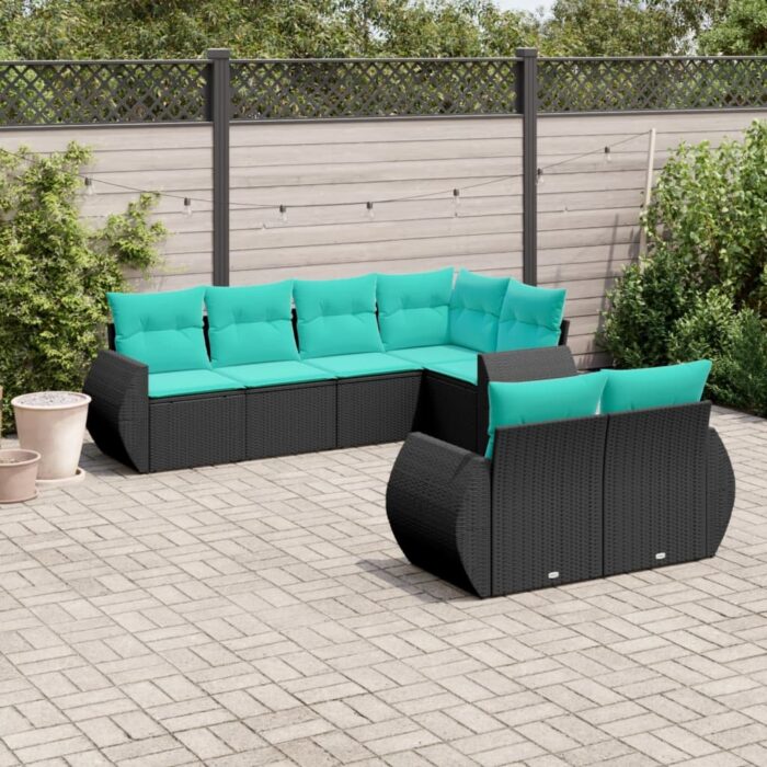 Salon de jardin 7 pcs avec coussins noir résine tressée – Image 1