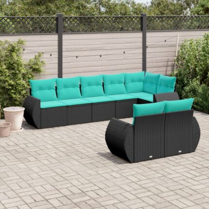 Salon de jardin 8 pcs avec coussins noir résine tressée