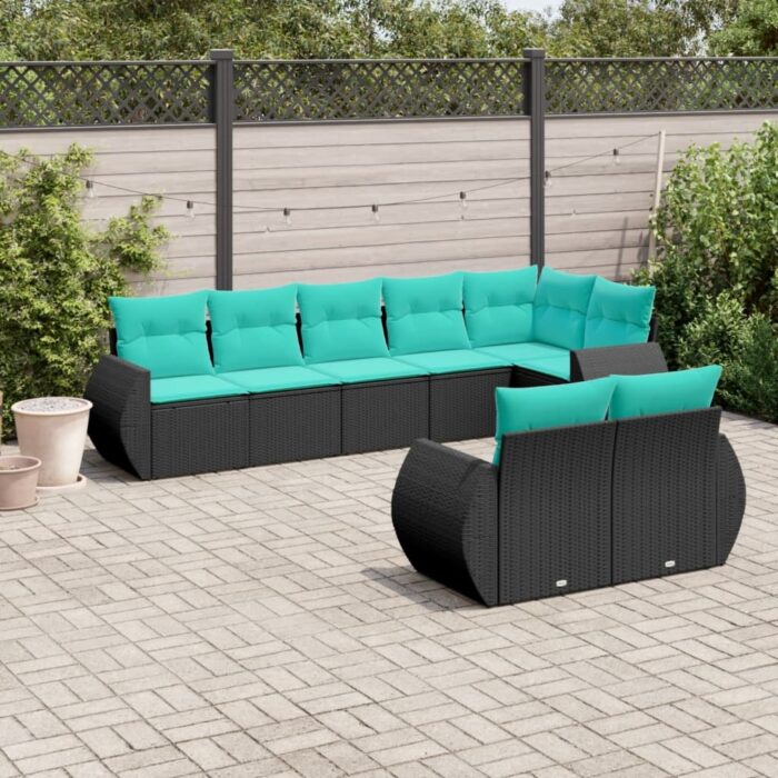 Salon de jardin 8 pcs avec coussins noir résine tressée – Image 1