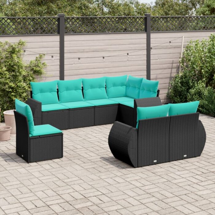 Salon de jardin 8 pcs avec coussins noir résine tressée – Image 1