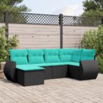 Salon de jardin 6 pcs avec coussins noir résine tressée