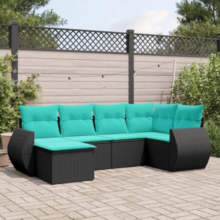 Salon de jardin 6 pcs avec coussins noir résine tressée