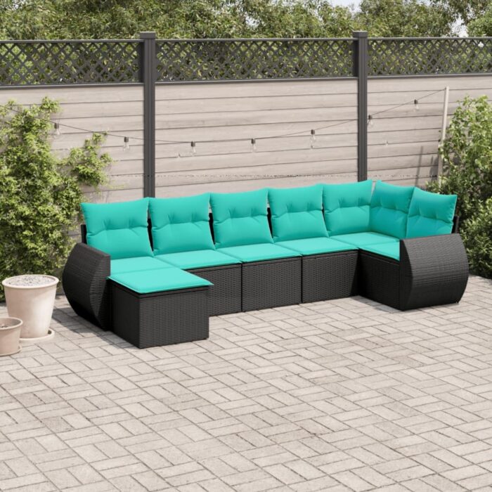 Salon de jardin 7 pcs avec coussins noir résine tressée – Image 1