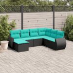 Salon de jardin 7 pcs avec coussins noir résine tressée