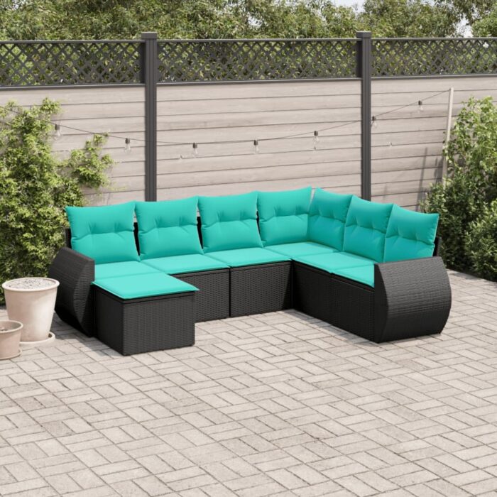 Salon de jardin 7 pcs avec coussins noir résine tressée – Image 1