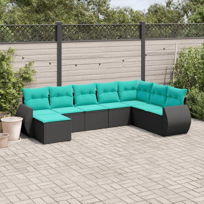 Salon de jardin 8 pcs avec coussins noir résine tressée – Image 1