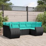 Salon de jardin 6 pcs avec coussins noir résine tressée