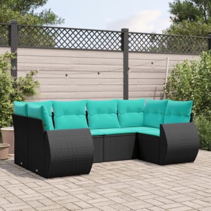 Salon de jardin 6 pcs avec coussins noir résine tressée