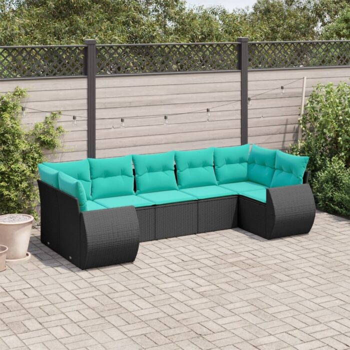 Salon de jardin 7 pcs avec coussins noir résine tressée – Image 1