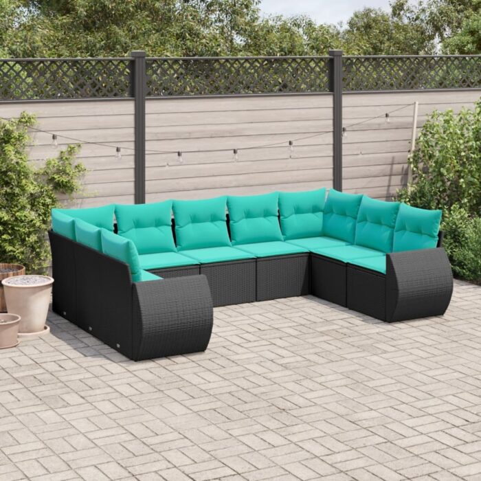 Salon de jardin 9 pcs avec coussins noir résine tressée – Image 1