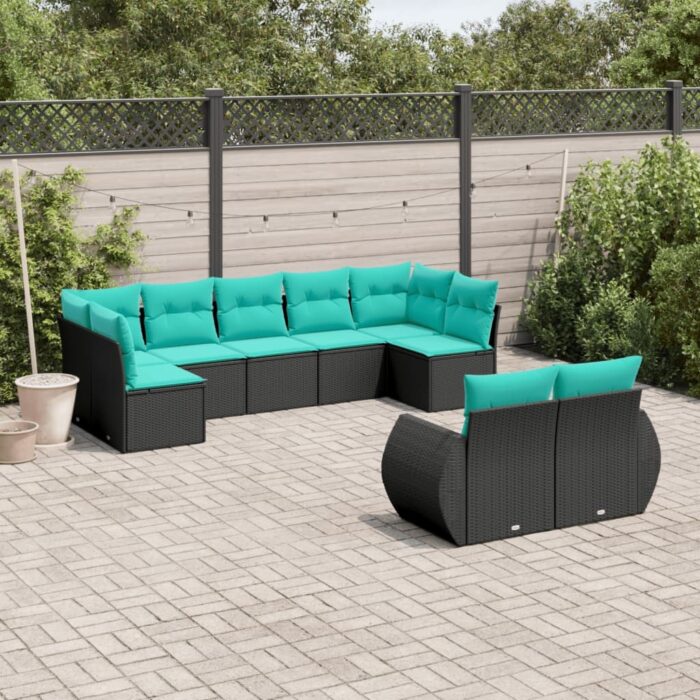 Salon de jardin 9 pcs avec coussins noir résine tressée – Image 1