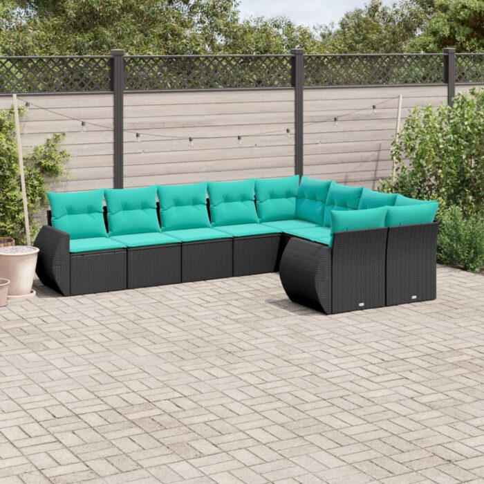 Salon de jardin 9 pcs avec coussins noir résine tressée – Image 1