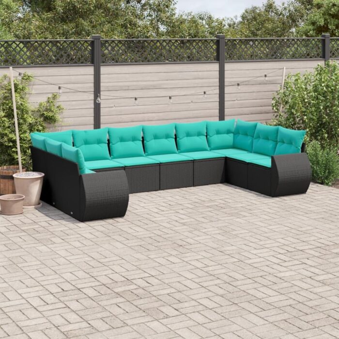 Salon de jardin 10 pcs avec coussins noir résine tressée – Image 1