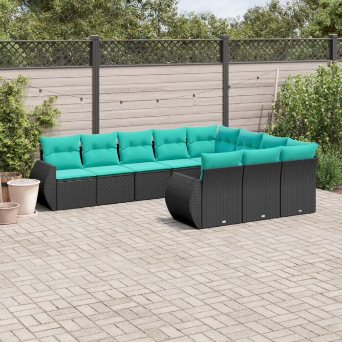 Salon de jardin 10 pcs avec coussins noir résine tressée – Image 1