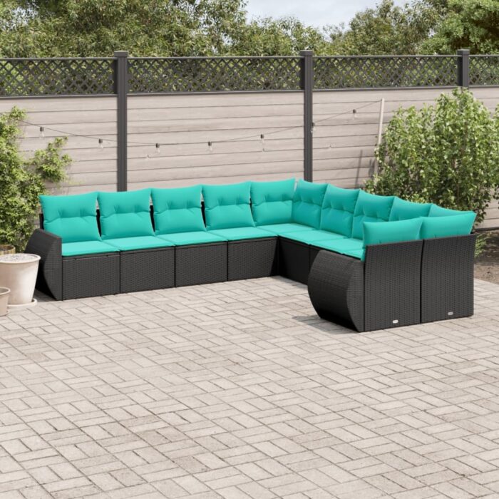 Salon de jardin 10 pcs avec coussins noir résine tressée – Image 1