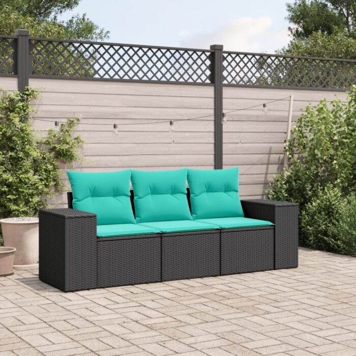 Salon de jardin 3 pcs avec coussins noir résine tressée – Image 1