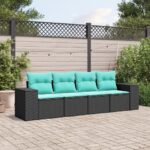 Salon de jardin 4 pcs avec coussins noir résine tressée