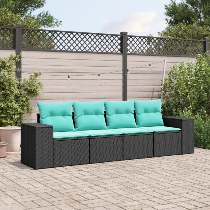 Salon de jardin 4 pcs avec coussins noir résine tressée – Image 1
