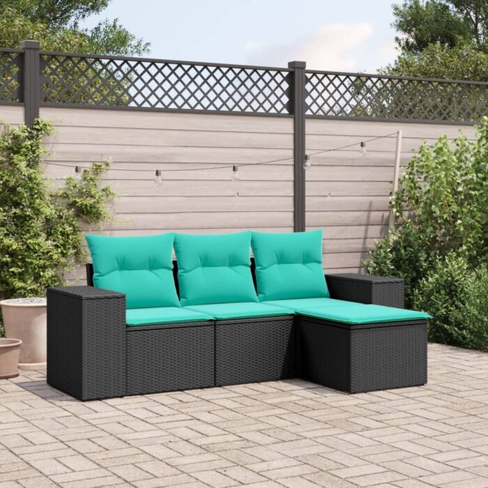 Salon de jardin 4 pcs avec coussins noir résine tressée – Image 1